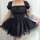 Huibaolu Shoulder Lace Spliced Dress Dark Style Waist Shows A Thin And Fluffy Short Skirt Woman