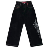 Huibaolu Baggy Jeans Street Hip-Hop Rock Pattern Harajuku Wide-Legged Straight-Leg Pants