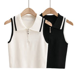 Huibaolu New Summer Lapel With Color Zipper Knitted Vest Shows The Navel Short Style Blouse.