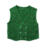 Huibaolu Spring New Artificial Pearl Inlaid Double-Breasted Knitted Vest 9598374