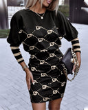 Huibaolu Independent Station Autumn New Fashion Printed Waist Round Collar Long-Sleeved Dress