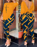 Huibaolu Autumn New Women's Fashion Leisure Bare-Back Printed Trousers Suit