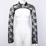 Huibaolu Horn Sleeve Black Collar V Inner Blouse The Court Tight Long-Sleeved Perspective Lace Bottomed Shirt