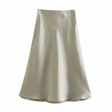 Huibaolu 2024 New Elastic Waistline Simple Full-Color Satin Full-Length Skirt