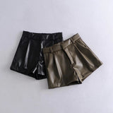 Huibaolu Spring Style Pleated Leather Solid Color Fashion Trendy Shorts 7385290