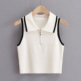 Huibaolu New Summer Lapel With Color Zipper Knitted Vest Shows The Navel Short Style Blouse.