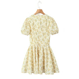 Huibaolu New Yellow Flower V-Neck Short-Sleeved Mini Dress