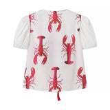 Huibaolu Women's New Style Lobster Print Lace-Up Short-Sleeved Shirt + Lobster Print Leisure Trousers Set