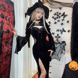 Huibaolu Halloween New Women's Dress Suit Hat Horn Sleeve Spider Web Dress