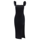 Huibaolu Knitted Square Collar Wool Suspender Forked Dress 2024 Spring Women's Fashion Sexy Slim Dress