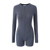 Huibaolu Spring Style Knitted Slim Zipper Long-Sleeved Solid Color Jumpsuit