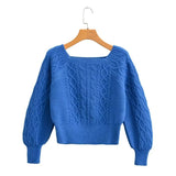 Huibaolu New Square Collar Long-Sleeved Twist Textured Short Sweater In Autumn