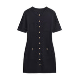 Huibaolu Style French Round Collar Single-Breasted Button Design Feeling Slim Hip Knitted Dress Women 3471011