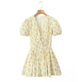 Huibaolu New Yellow Flower V-Neck Short-Sleeved Mini Dress