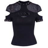 Huibaolu Knitted Gothic Vintage Hollowed-Out Short-Sleeved T-Shirt Spring Ins Dark Style Slim Blouse