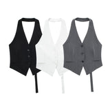 Huibaolu New Single-Breasted Shoulder Buckle Collar Halter Vest 7926446