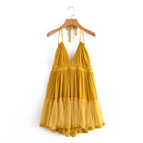 Huibaolu The Summer Of 2024, The New Style Baitai Thin Laminated Net Yarn Spliced V-Collar Halter Skirt With Large Bare Back