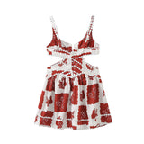 Huibaolu Summer Print Hollowed-Out Suspender A-Shaped Skirt Dress