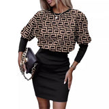 Huibaolu Independent Station Autumn New Fashion Printed Waist Round Collar Long-Sleeved Dress