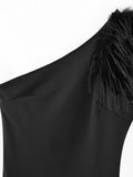 Huibaolu Street Style One-Shoulder Feather Long Slim Dress In Spring 2024