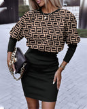 Huibaolu Independent Station Autumn New Fashion Printed Waist Round Collar Long-Sleeved Dress