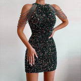 Huibaolu Spring / Summer New Fashion Neckline Sex Crystal Tassel Hip Sequins Dress Middle Waist Evening Dress