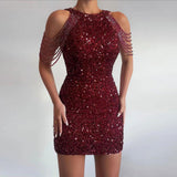 Huibaolu Spring / Summer New Fashion Neckline Sex Crystal Tassel Hip Sequins Dress Middle Waist Evening Dress