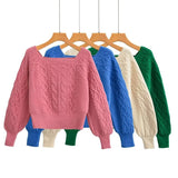 Huibaolu New Square Collar Long-Sleeved Twist Textured Short Sweater In Autumn