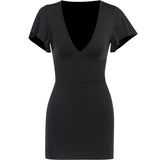 Huibaolu Sexy V Collar Waist Shows Thin Short-Sleeved Dress Temperament Slim Casual Pure Color Hip Skirt Woman