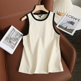 Huibaolu New Rice-White Sleeveless Spliced Slim Lady's Bottomed Vest T-Shirt