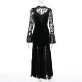 Huibaolu Autumn New Style Sexy Micro-Transparent Slim Dress Dark Lace Fishtail Long-Sleeved Dress Woman