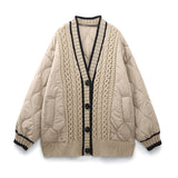 Huibaolu And Winter New Tricolor Knitted Spliced V-Collar Loose Version Cotton Jacket