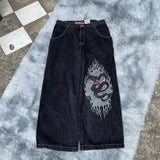 Huibaolu Baggy Jeans Hip-Hop Rock Print 2024 New Fashion Harajuku Wide-Leg Jeans