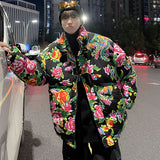 Big Flower Cotton-Padded Jacket Men And Women China-Fashion Chinese Wind Peony Flowers Add Thick Cotton Clothes Winter Warm Coat Oversize