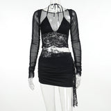 Huibaolu Autumn New Fashion Temperament Sexy Deep V Slim Lace Spliced Net Long-Sleeved Dress Woman