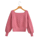 Huibaolu New Square Collar Long-Sleeved Twist Textured Short Sweater In Autumn