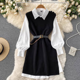 Huibaolu Style Fragrant Style Suit Design Feeling Minority White Shirt Skirt Knitted Vest Skirt Folded And Waist Two-Piece Set