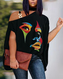 Huibaolu Plus-Size Women's Wear 2024 Summer New Fashion Off-Shoulder Casual Printed T-Shirt