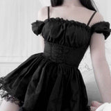 Huibaolu Shoulder Lace Spliced Dress Dark Style Waist Shows A Thin And Fluffy Short Skirt Woman