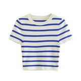 Huibaolu New Short Style Slim Short-Sleeved Striped Knitted Blouse In Autumn