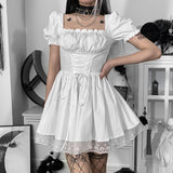 Huibaolu Shoulder Lace Spliced Dress Dark Style Waist Shows A Thin And Fluffy Short Skirt Woman