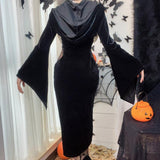 Huibaolu Halloween New Women's Dress Suit Hat Horn Sleeve Spider Web Dress