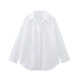 Huibaolu Women's Lapel Hollowed-Out Embroidery Long-Sleeved Single-Breasted Shirt 7969071