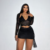 Huibaolu Autumn New Fashion Temperament Sexy Deep V Slim Lace Spliced Net Long-Sleeved Dress Woman