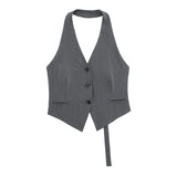 Huibaolu New Single-Breasted Shoulder Buckle Collar Halter Vest 7926446