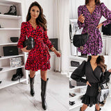 Huibaolu Women's Dress European Station Spring And Autumn Print V Collar Waist Long-Sleeved Dress