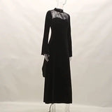 Huibaolu Lace Stitching Long Dress Sexy Split Split Hollowed-Out Dress With Long Horn Sleeves