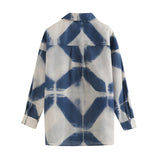 Huibaolu New Xiaoxiangfeng POLO Collar Blue Printed Long-Sleeved Shirt