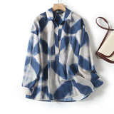 Huibaolu New Xiaoxiangfeng POLO Collar Blue Printed Long-Sleeved Shirt