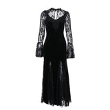 Huibaolu Autumn New Style Sexy Micro-Transparent Slim Dress Dark Lace Fishtail Long-Sleeved Dress Woman